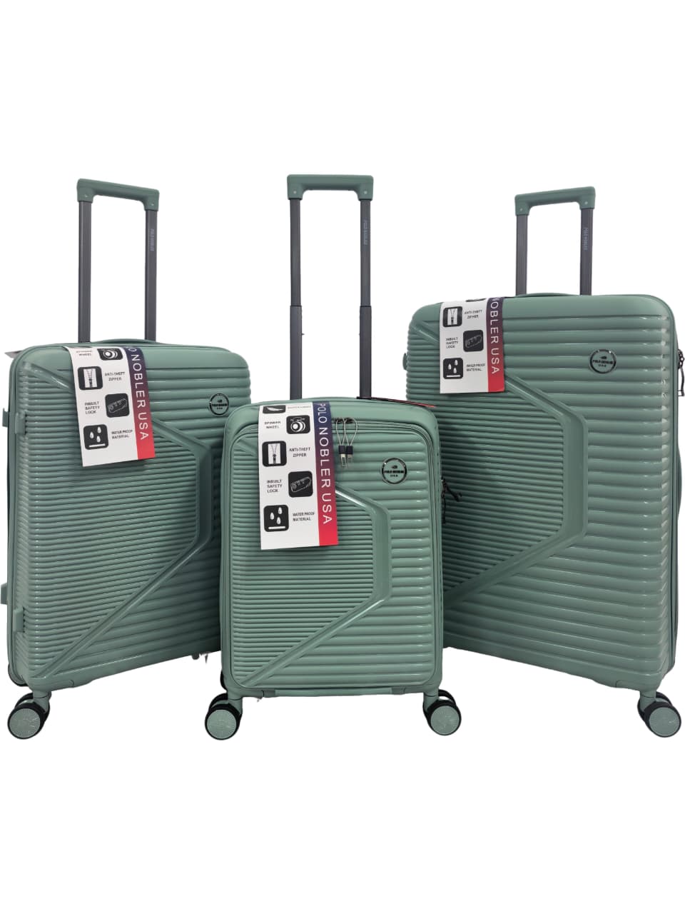 Three light green suitcases with visible brand labels on a white background