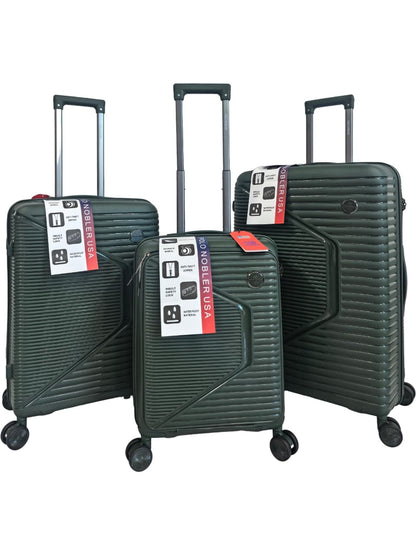 Three green suitcases with visible brand labels on a white background