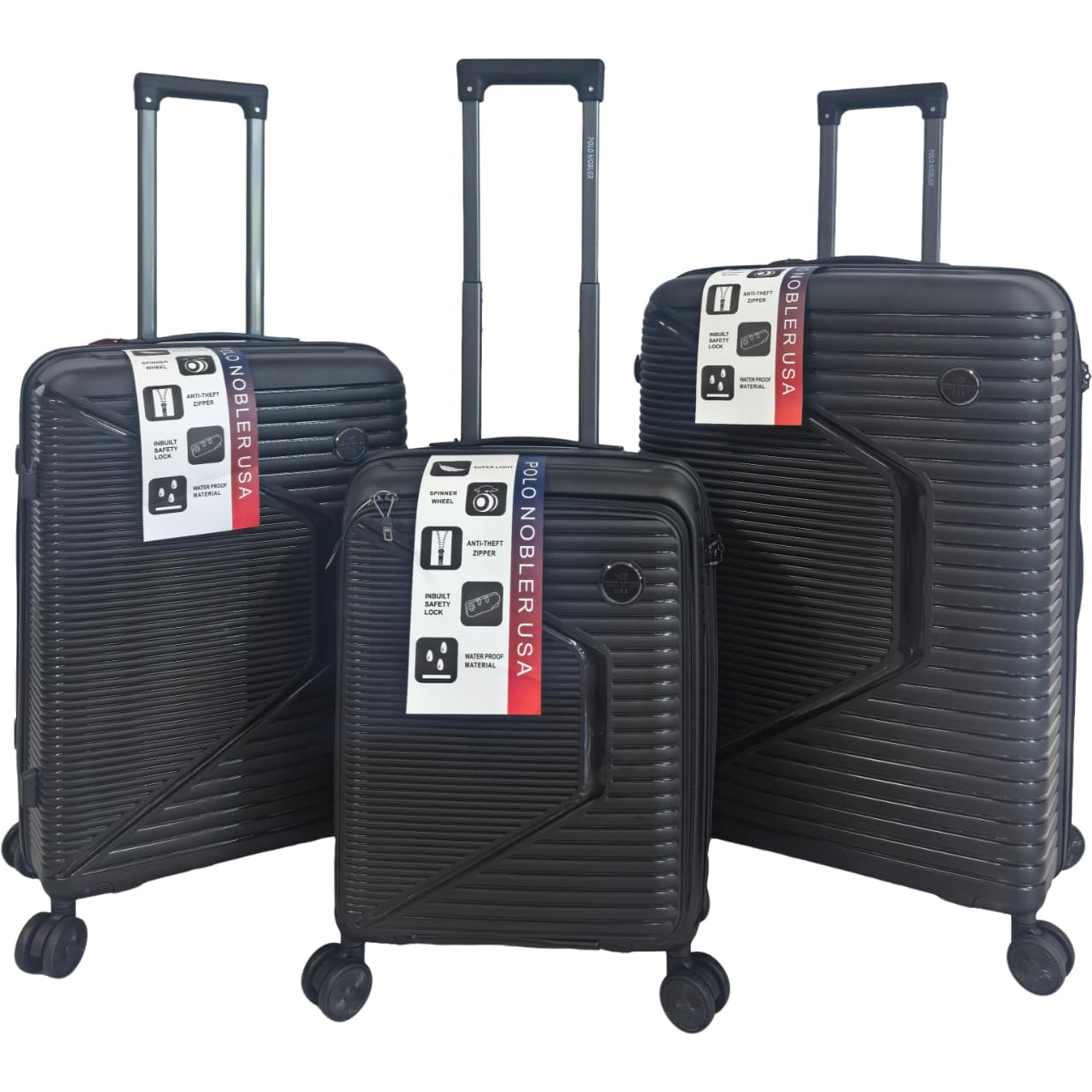 Three black suitcases with visible branding on a white background