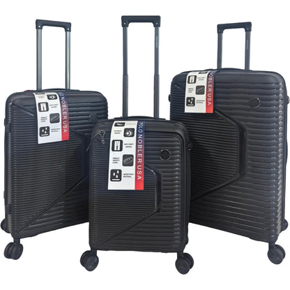 Three black suitcases with visible branding on a white background