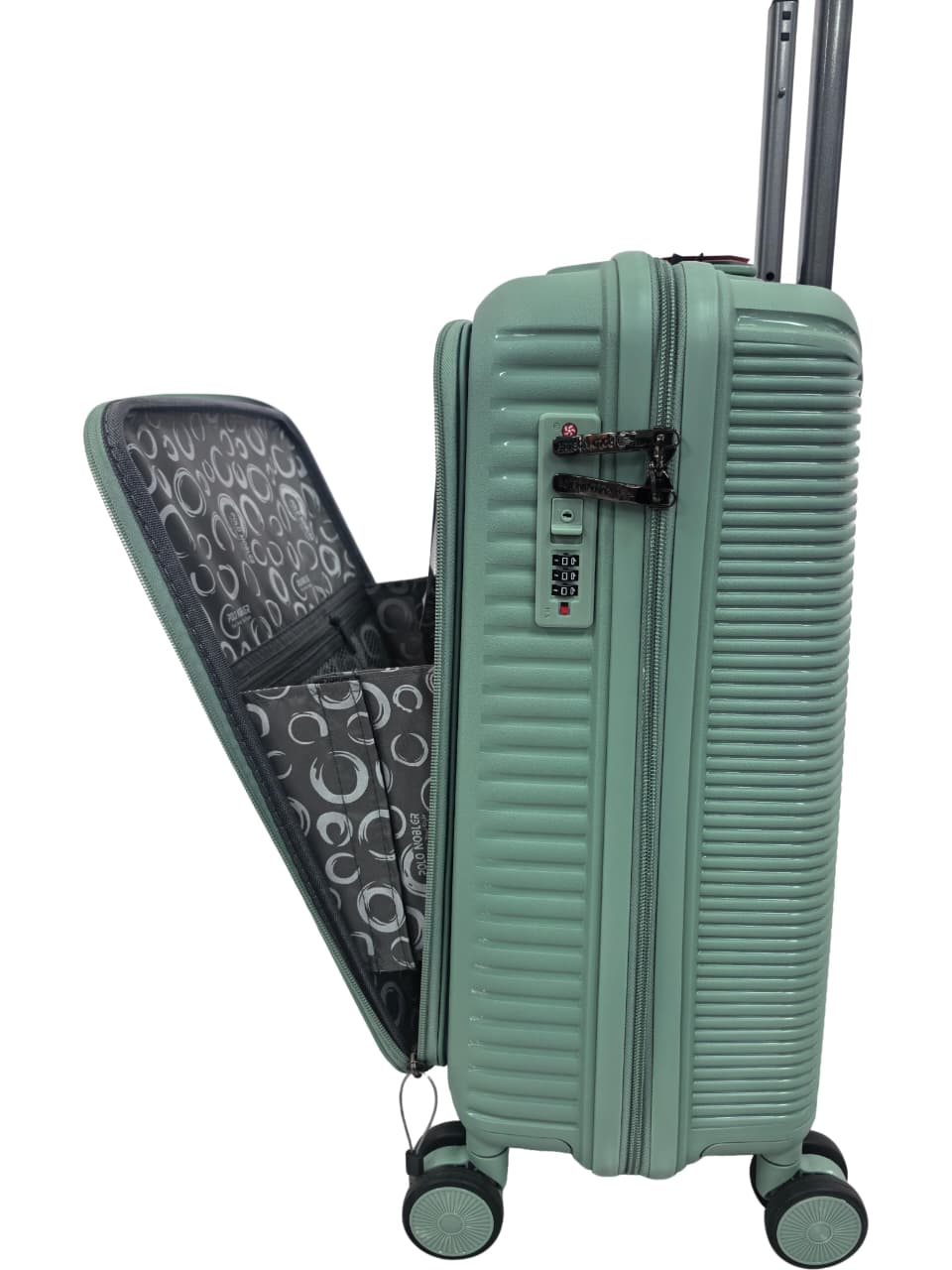 light green suitcase with open compartment showing patterned interior on a white background